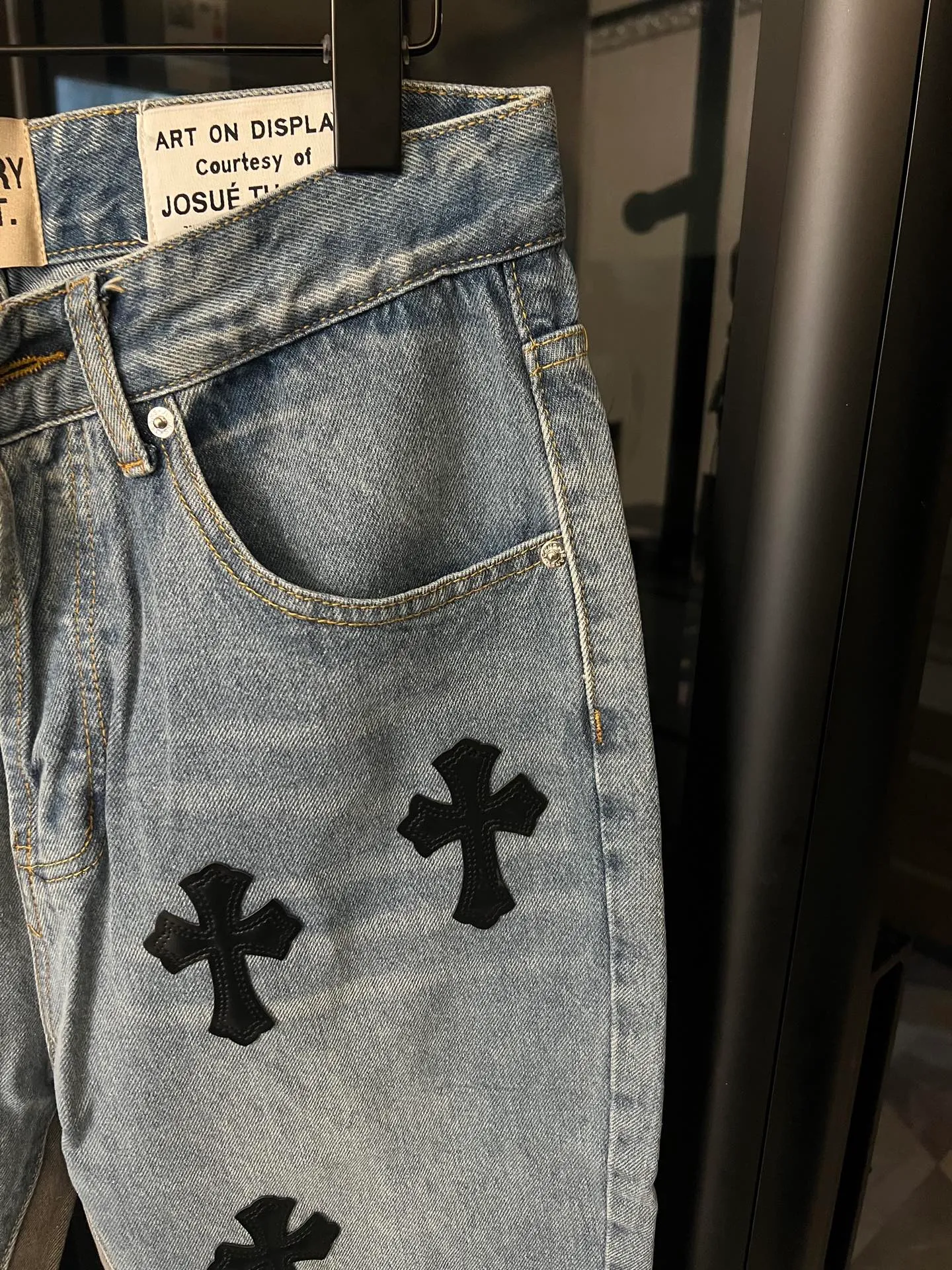 P260 [next day] Chrome hearts/Chrome hearts GALLERY DEPT cross-leather joint stitching jeans (blue) Size: 28 30 32 34 (corresponding to s-xl) Detailed sizes can be found in Figure 9